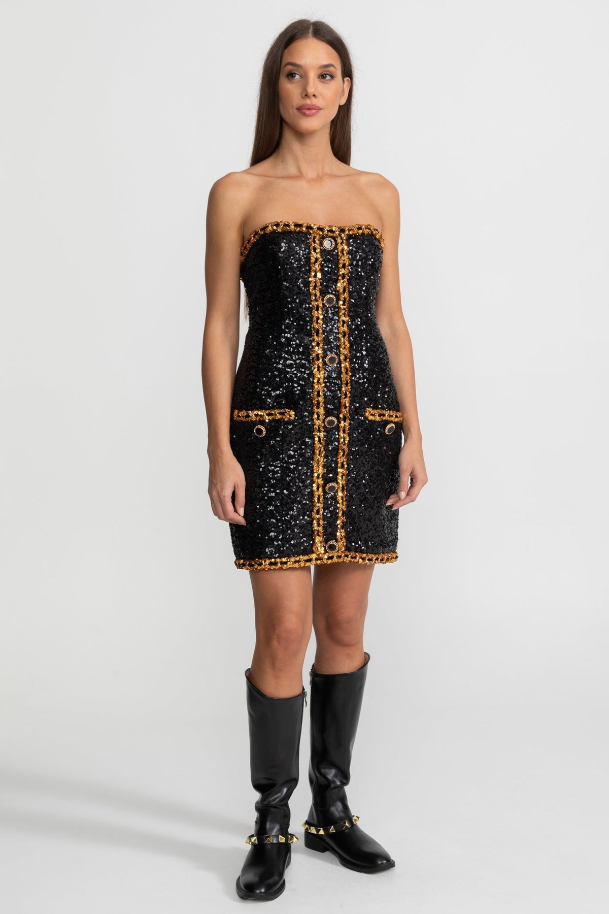 Strapless Sequin Chain Trim Button Front Bodycon Mini Dress 2