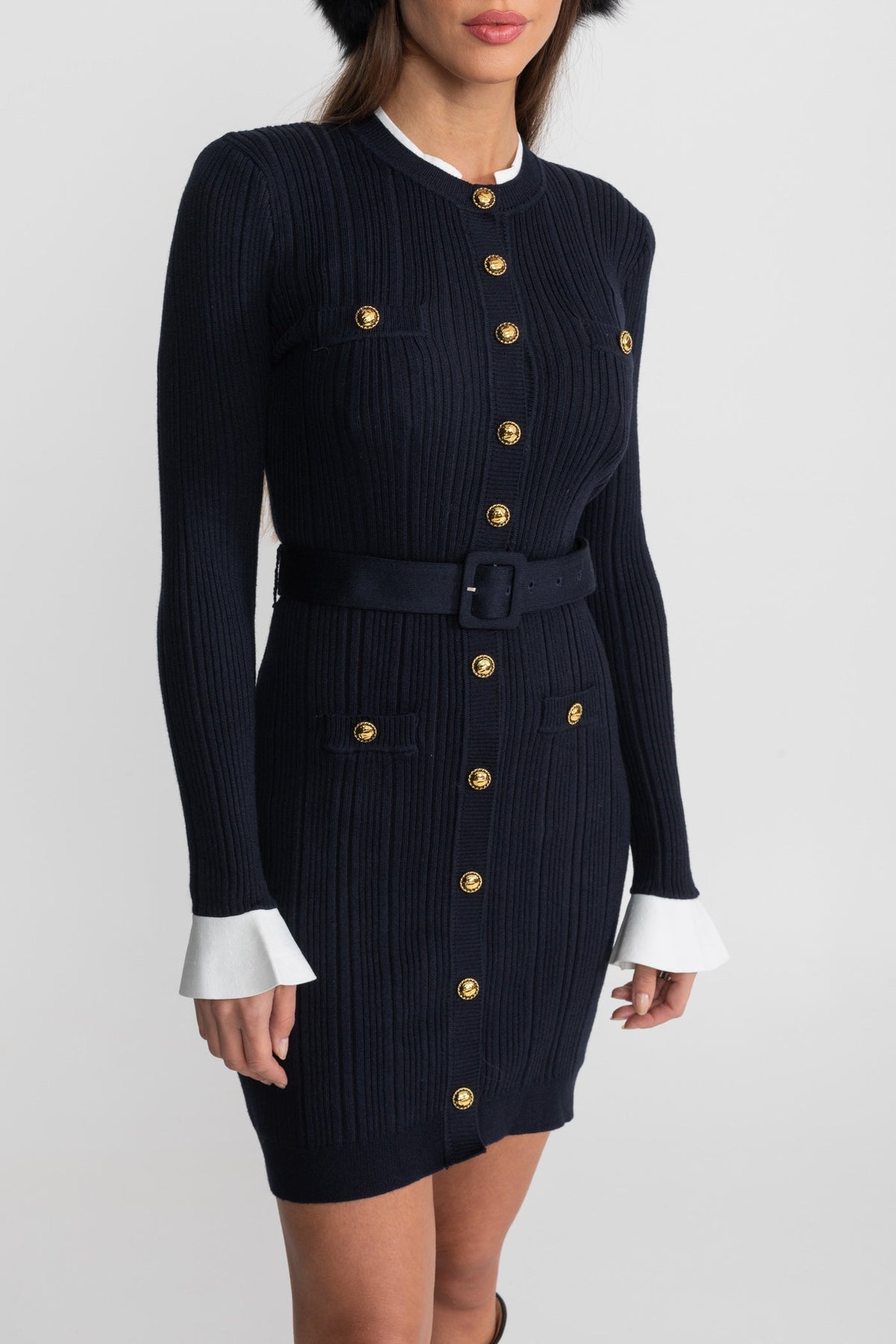 Ribbed Knit Button Front Belted Long Sleeve Contrast Cuff Bodycon Mini Dress 7