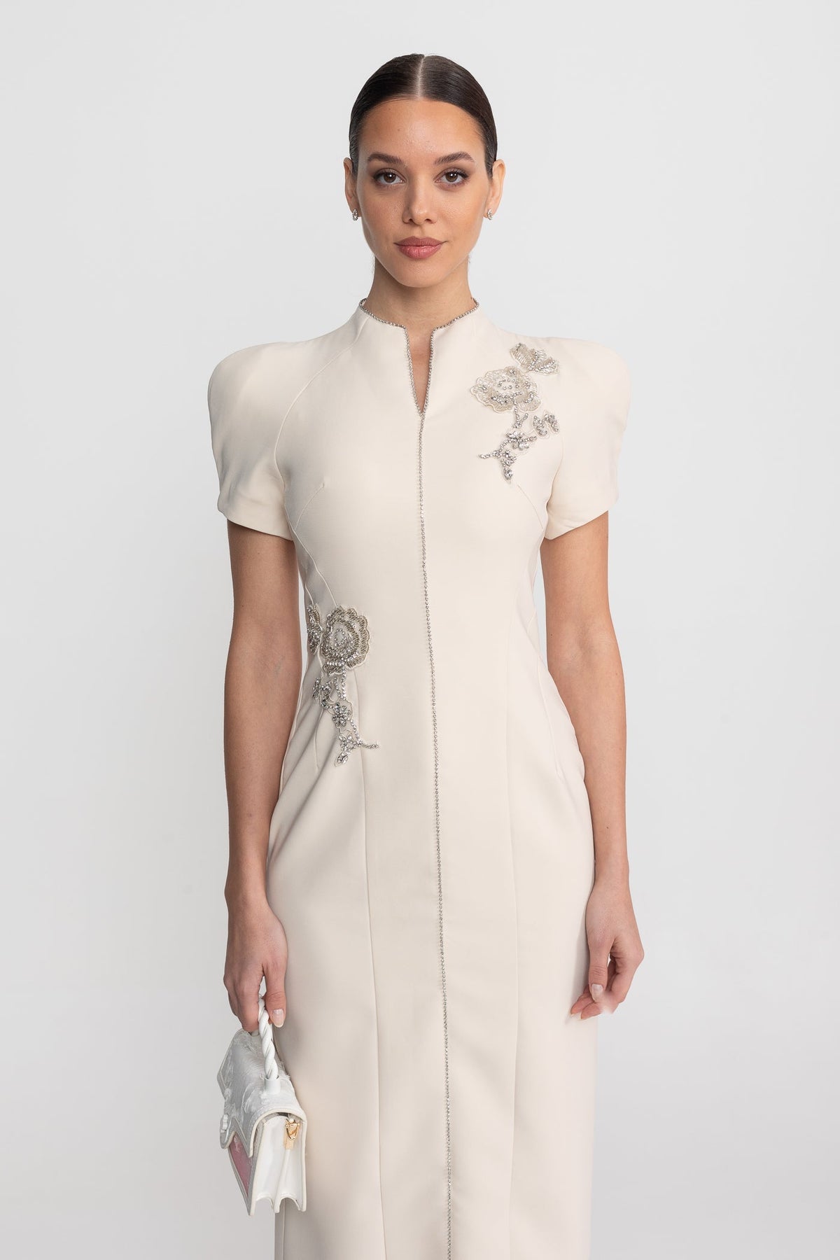 Mandarin Collar Puff Shoulder Short Sleeve Beaded Applique Midi Dress 6
