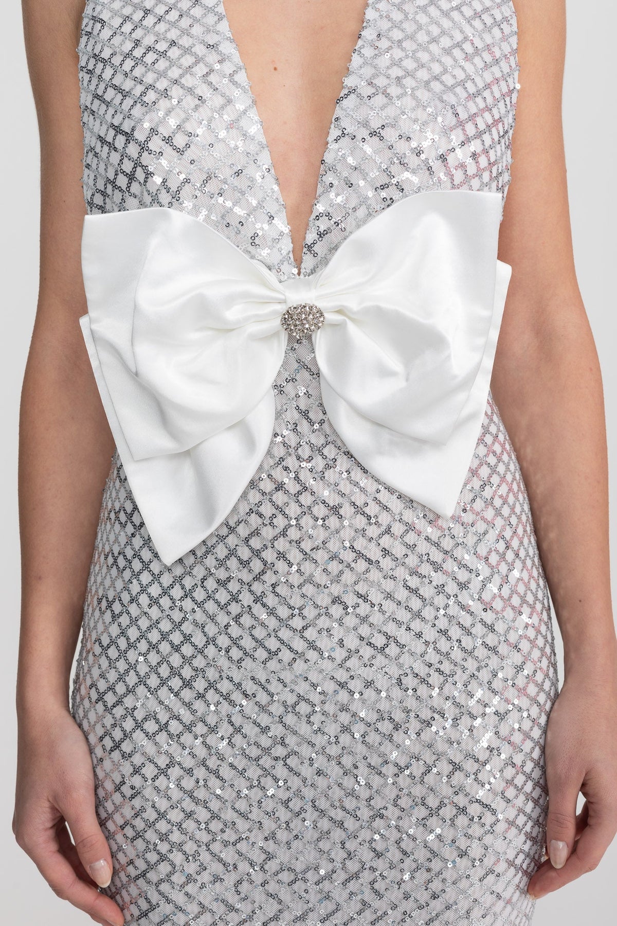 Sequin Deep V-Neck Sleeveless Satin Bow Front Mermaid Maxi Dress 7