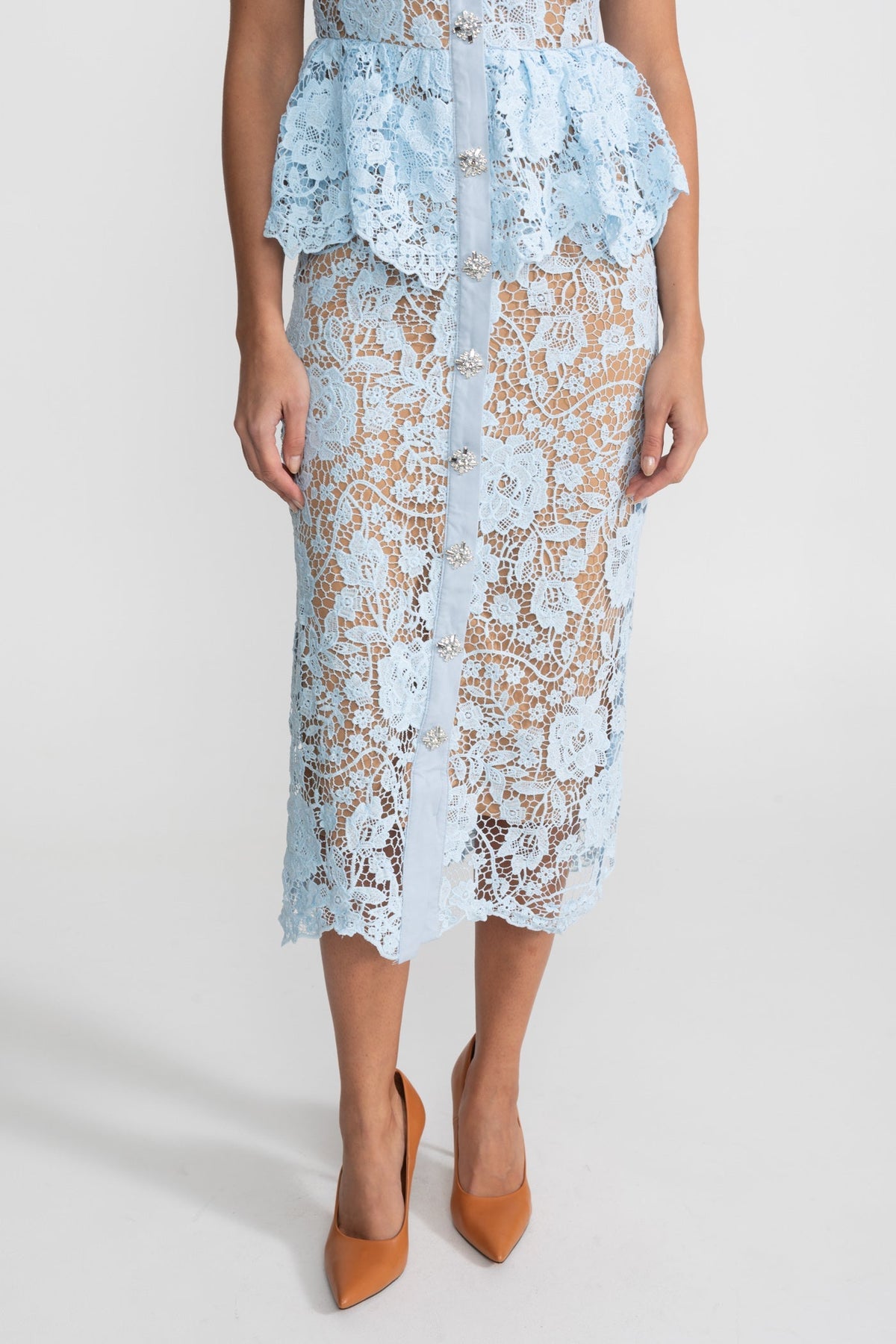 Floral Lace V-Neck Satin Collar Short Sleeve Peplum Button Front Midi Dress 8