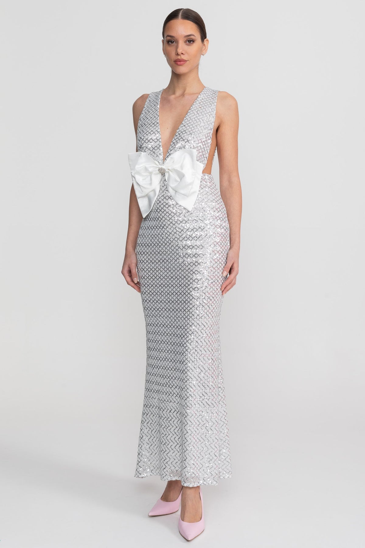 Sequin Deep V-Neck Sleeveless Satin Bow Front Mermaid Maxi Dress 3