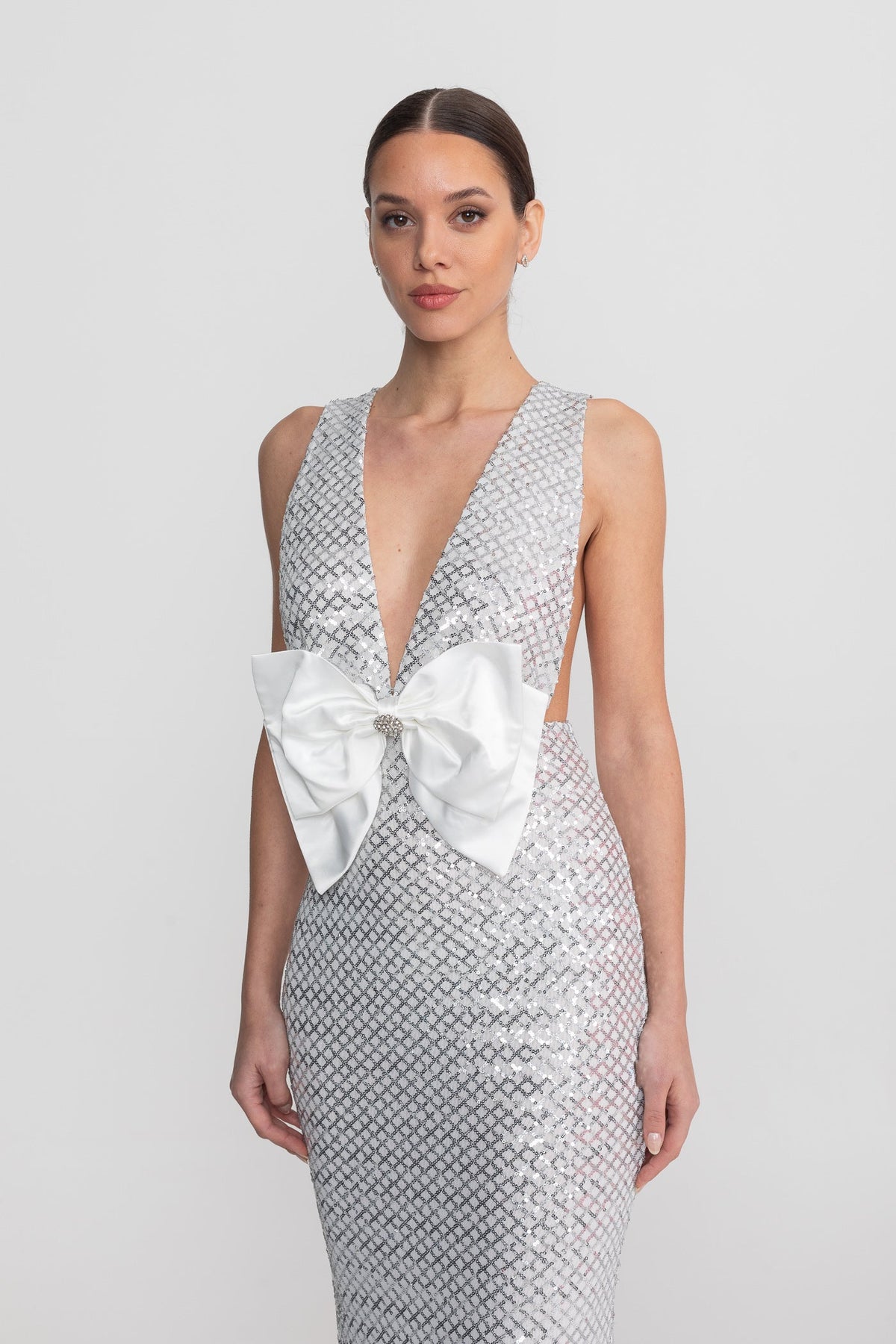 Sequin Deep V-Neck Sleeveless Satin Bow Front Mermaid Maxi Dress 5