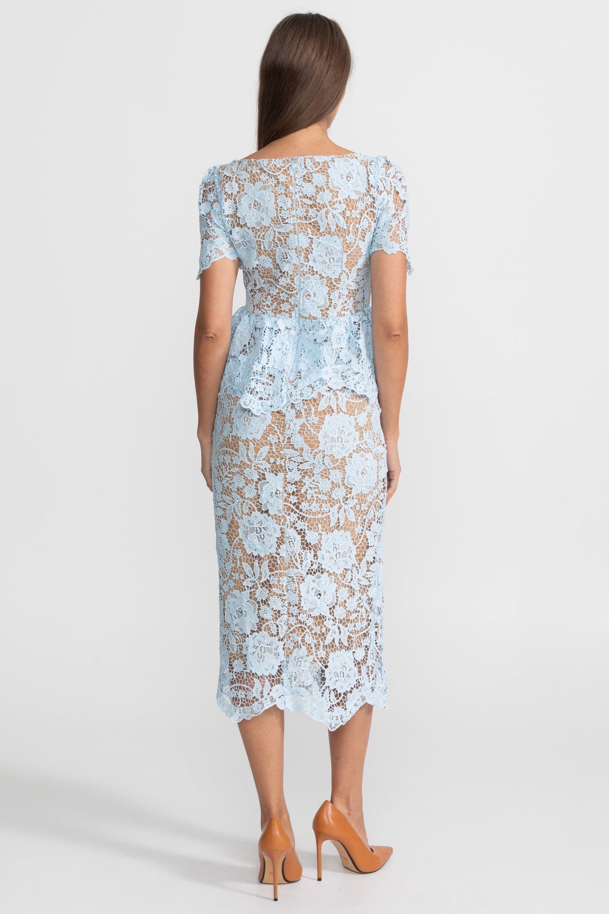Floral Lace V-Neck Satin Collar Short Sleeve Peplum Button Front Midi Dress 5