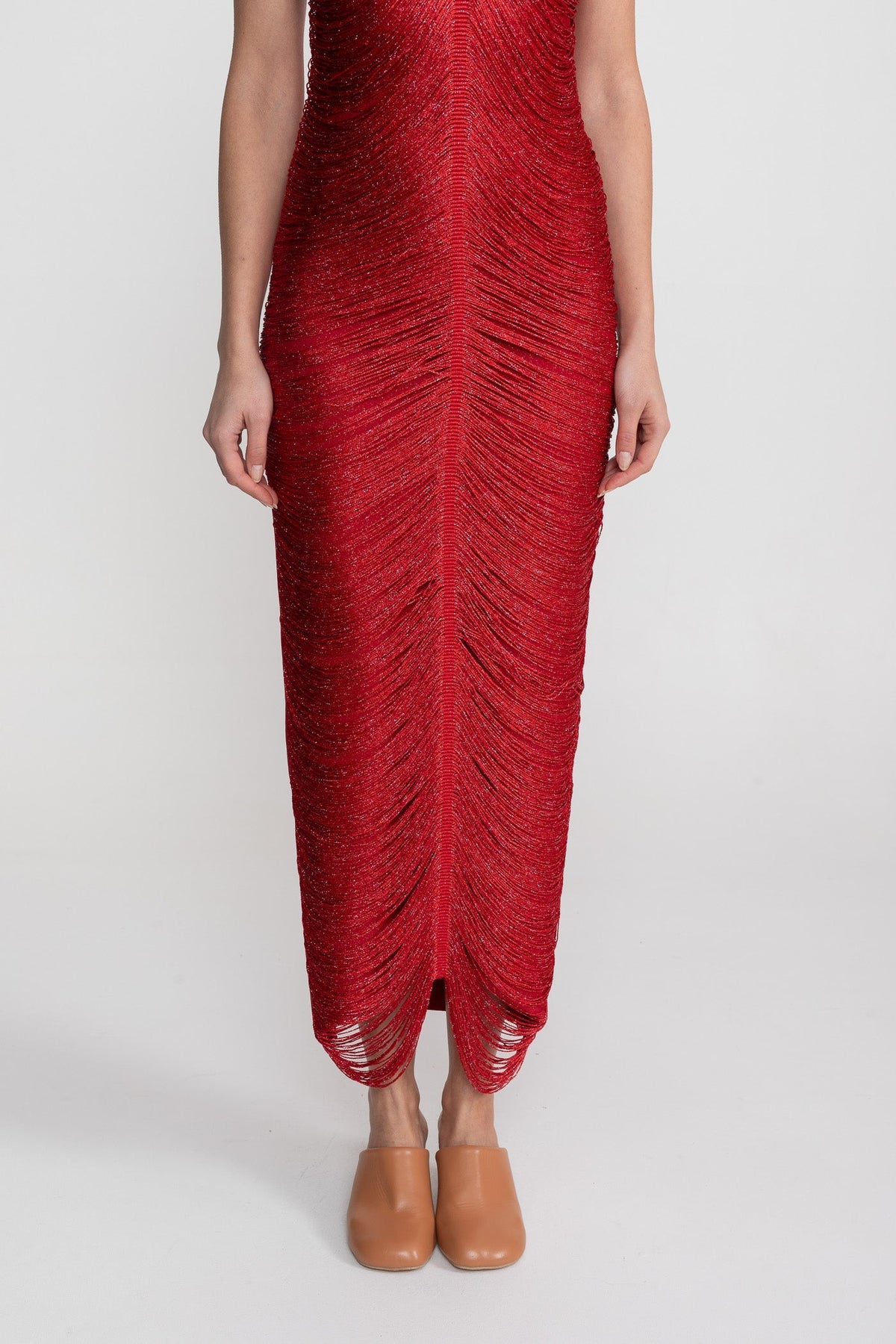Halter Neck Draped Fringe Strand Bodycon Midi Dress 7