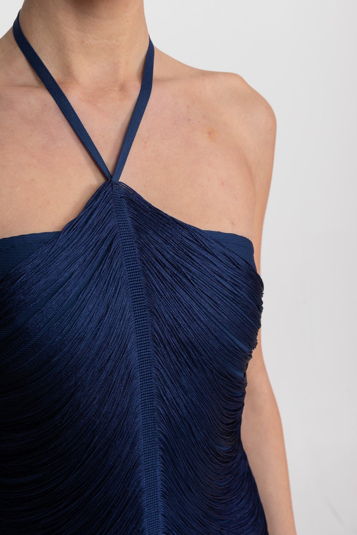 Halter Neck Draped Fringe Bodycon Asymmetric Hem Maxi Dress 5