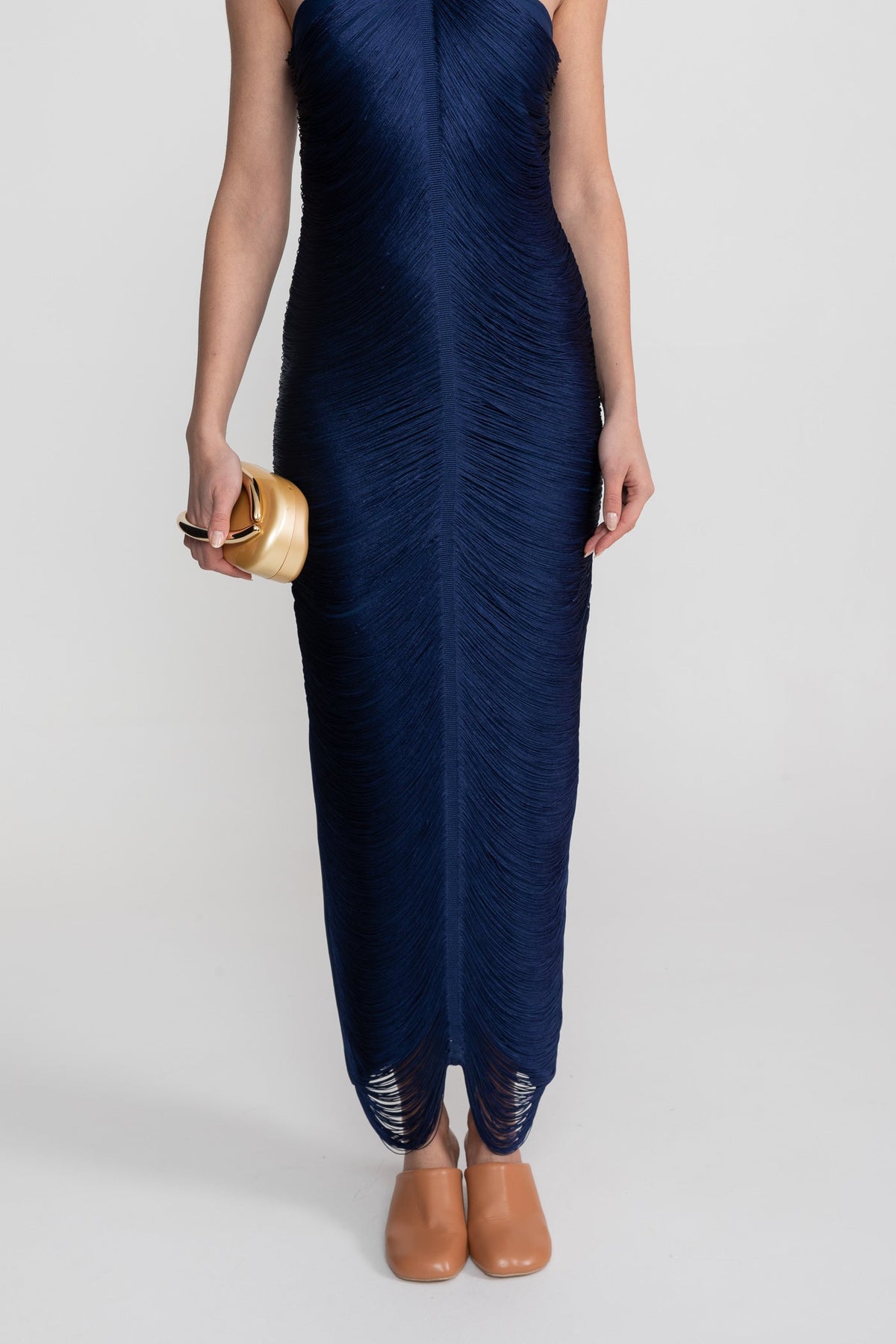 Halter Neck Draped Fringe Bodycon Asymmetric Hem Maxi Dress 7