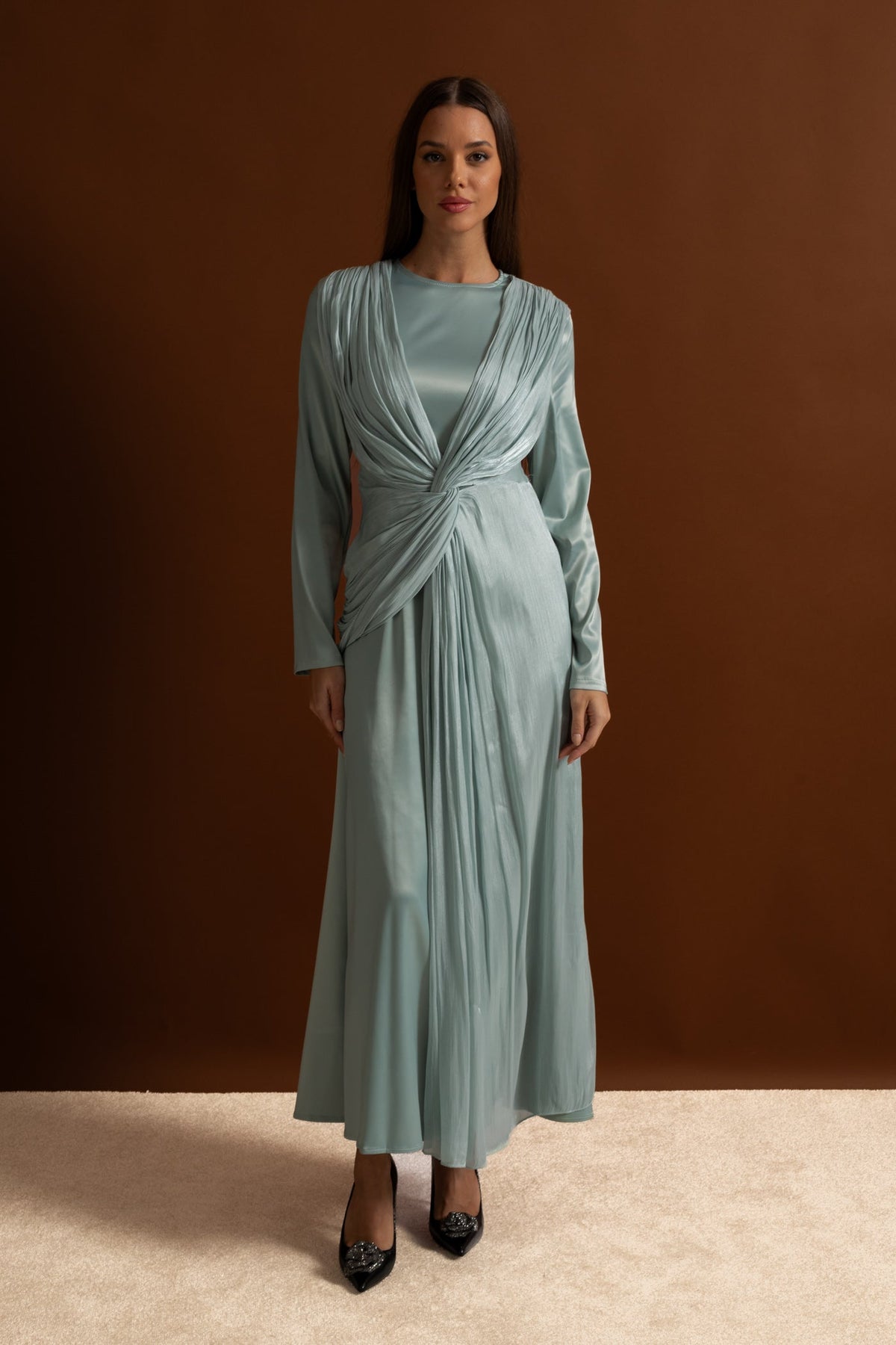 Satin Long Sleeve Twist Front Draped Overlay Maxi Dress 7