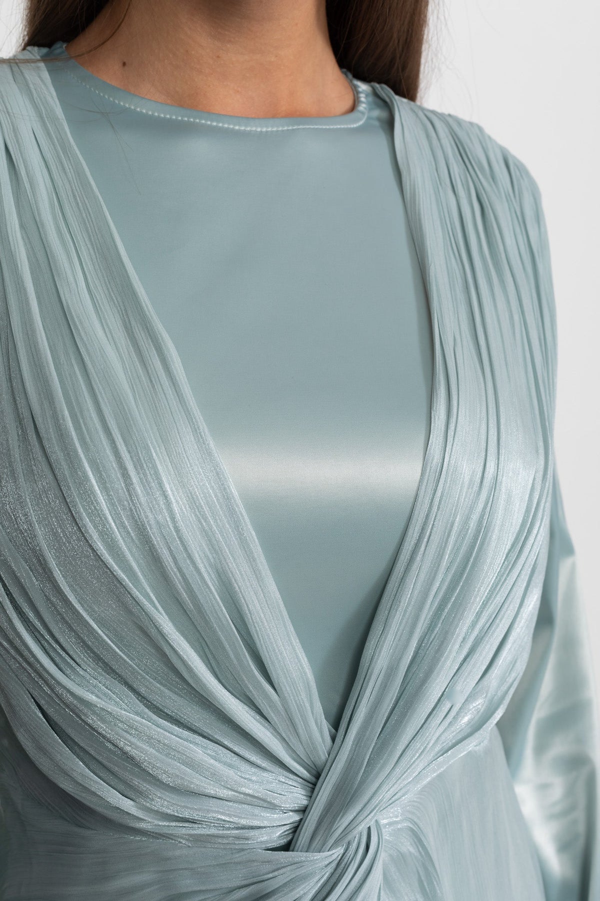 Satin Long Sleeve Twist Front Draped Overlay Maxi Dress 5