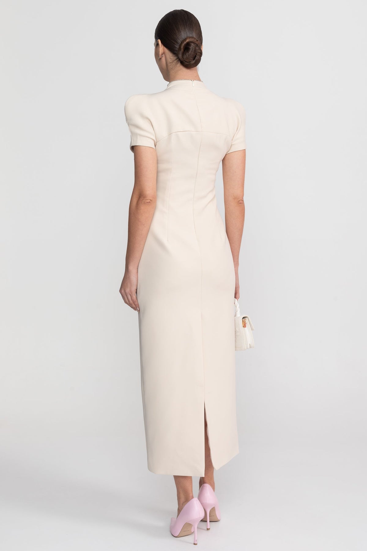Mandarin Collar Puff Shoulder Short Sleeve Beaded Applique Midi Dress 7