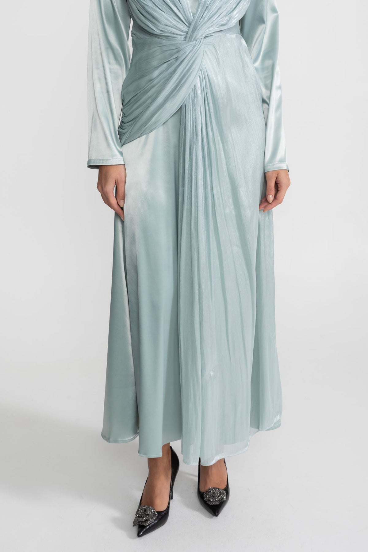 Satin Long Sleeve Twist Front Draped Overlay Maxi Dress 6