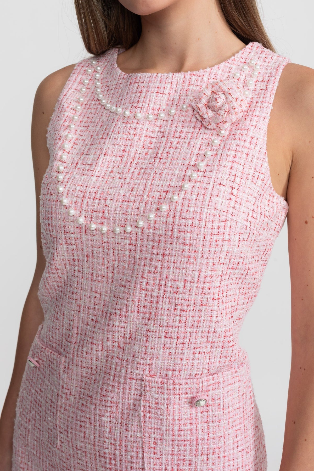 Sleeveless Tweed Pearl Trim Neckline Rosette Applique Mini Dress - View 7