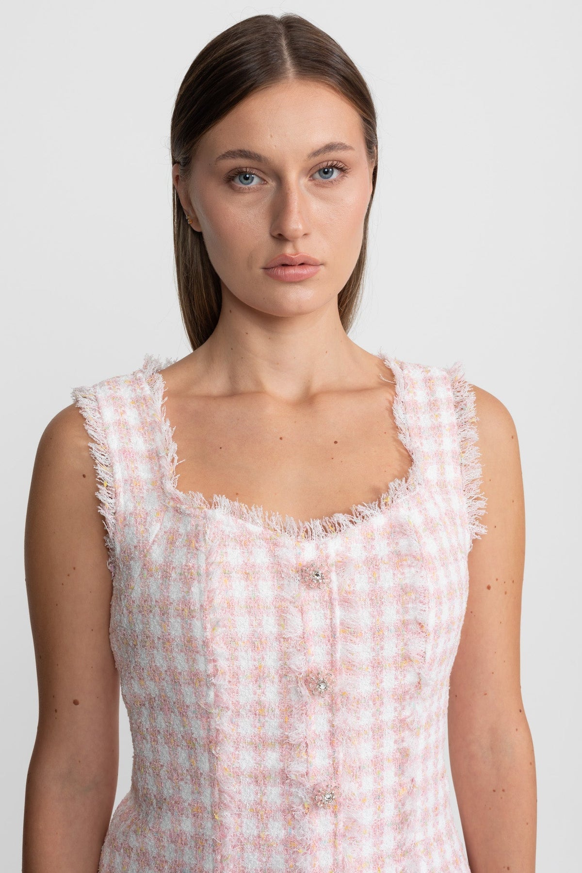 Sleeveless Square Neck Gingham Tweed Frayed Trim Pearl Mini Dress - View 4