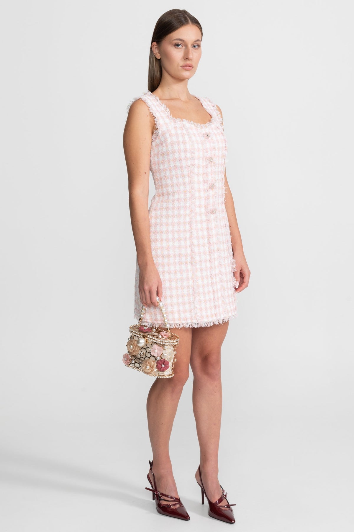 Sleeveless Square Neck Gingham Tweed Frayed Trim Pearl Mini Dress - View 5