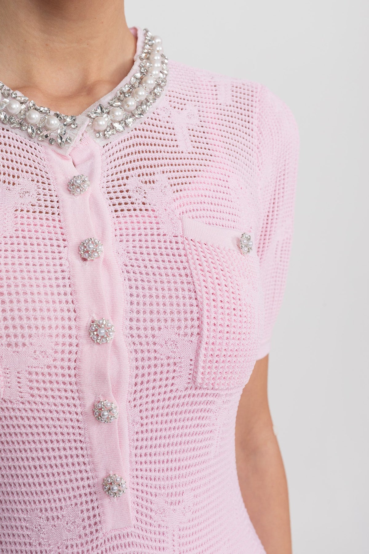 Pointelle Knit Pearl Trim Collar Short Sleeve Mini Dress - View 6