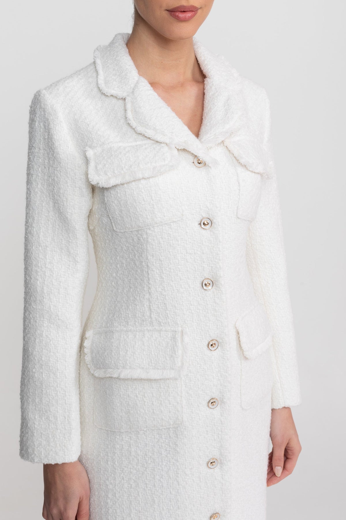 Boucle Long Sleeve Notched Collar Button Front Patch Pocket Midi Dress - View 9