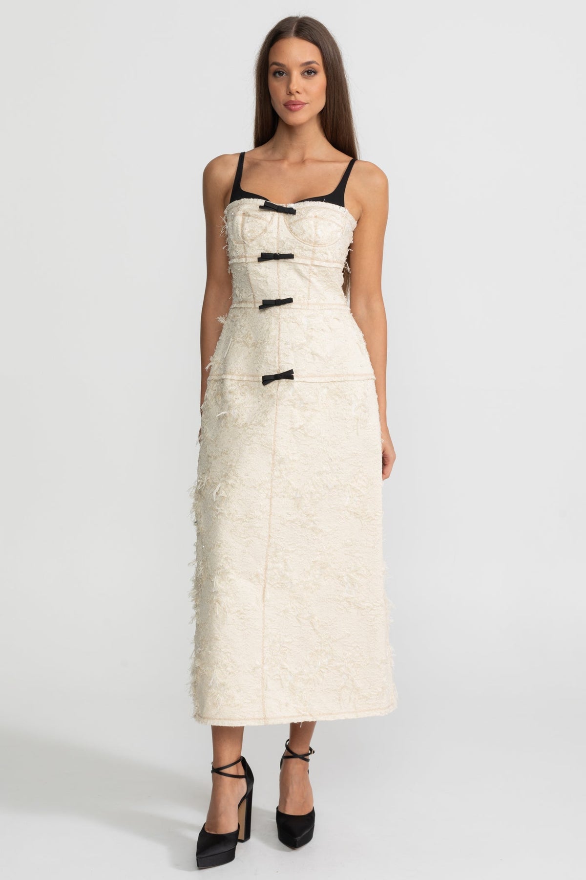 Tweed Sweetheart Layered Inner Bodice Beaded Strap Bow Midi Dress