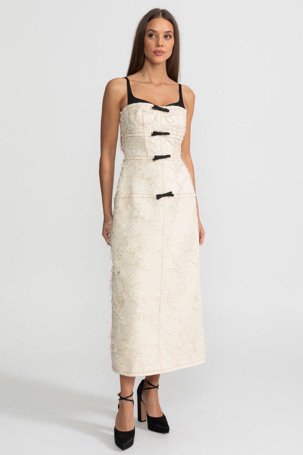 Tweed Sweetheart Layered Inner Bodice Beaded Strap Bow Midi Dress - View 4