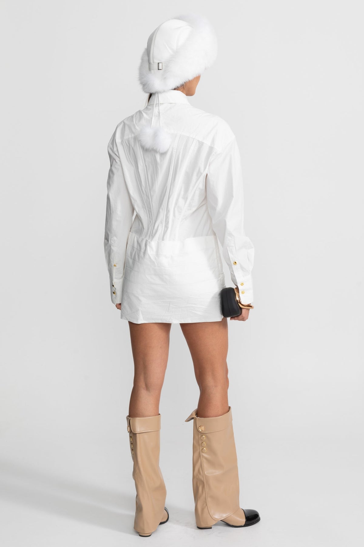 Structured Metallic Button Pintuck Long Sleeve Mini Shirt Dress - View 6