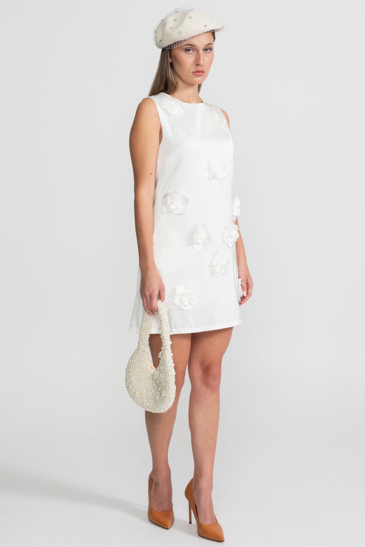 3D Floral Applique Round Neck Sleeveless Satin Shift Mini Dress 4