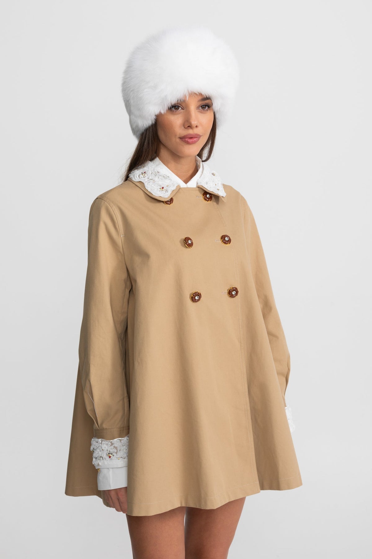 Embellished Collar Double Breasted Long Sleeve Swing Trench Mini Dress 7