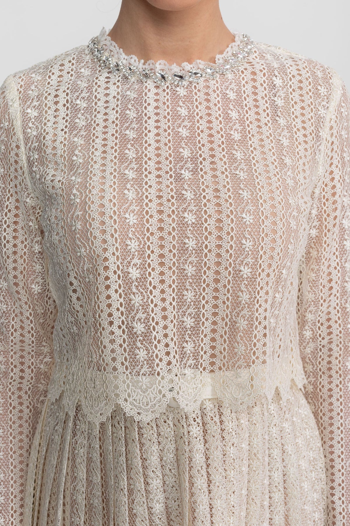 Crochet Lace High Neck Long Sleeve Pleated Scalloped Hem Mini Dress 5
