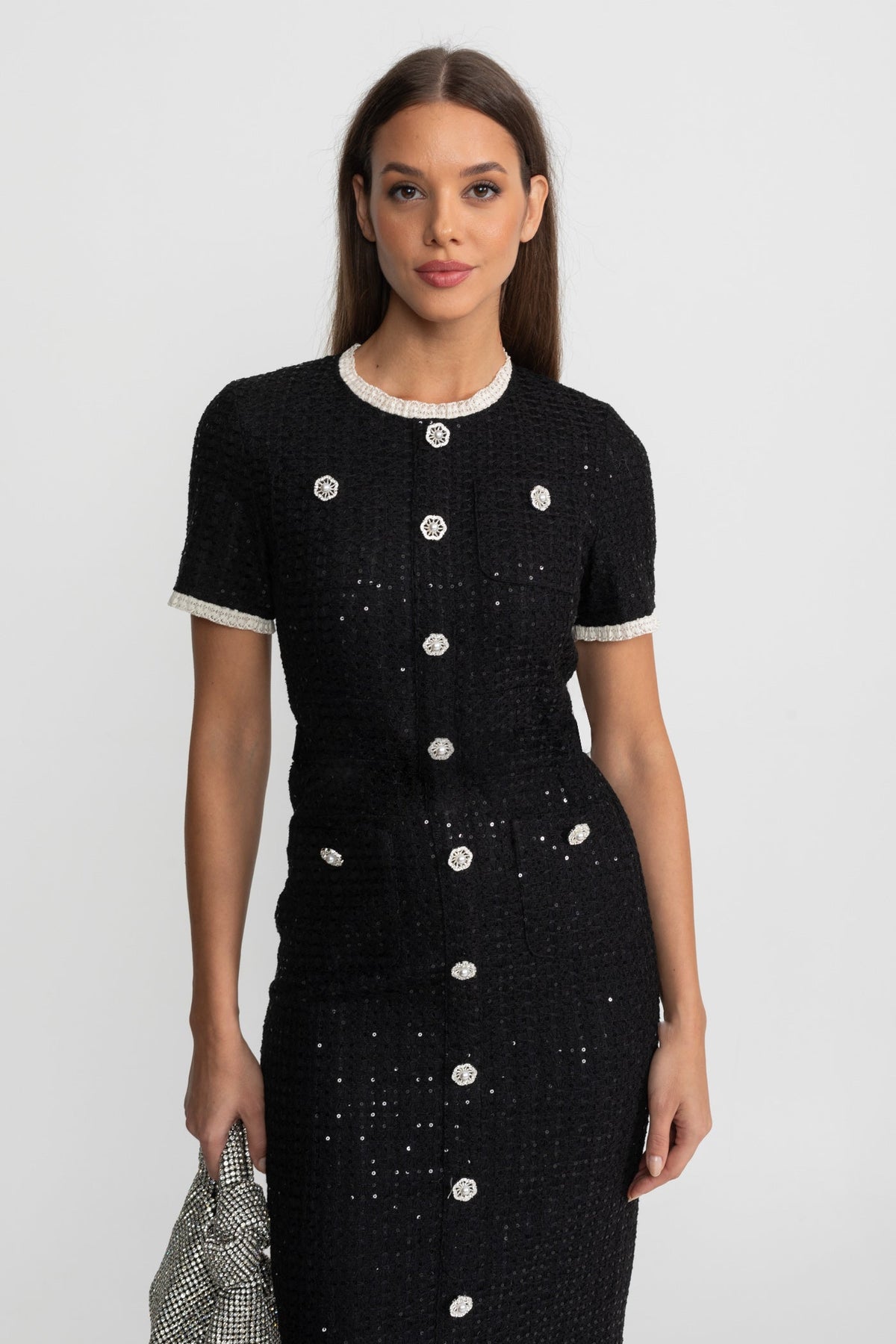 Sequin Tweed Short Sleeve Contrast Trim Button Front Midi Dress 3