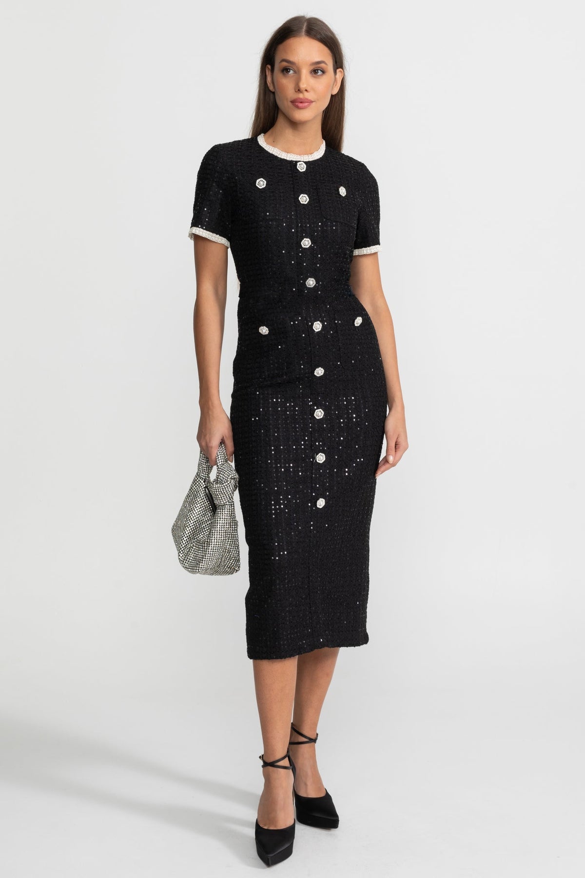 Sequin Tweed Short Sleeve Contrast Trim Button Front Midi Dress 2