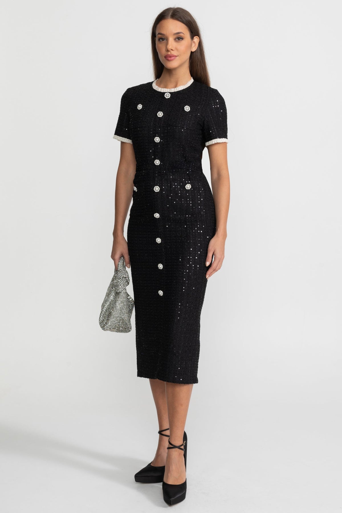 Sequin Tweed Short Sleeve Contrast Trim Button Front Midi Dress 4