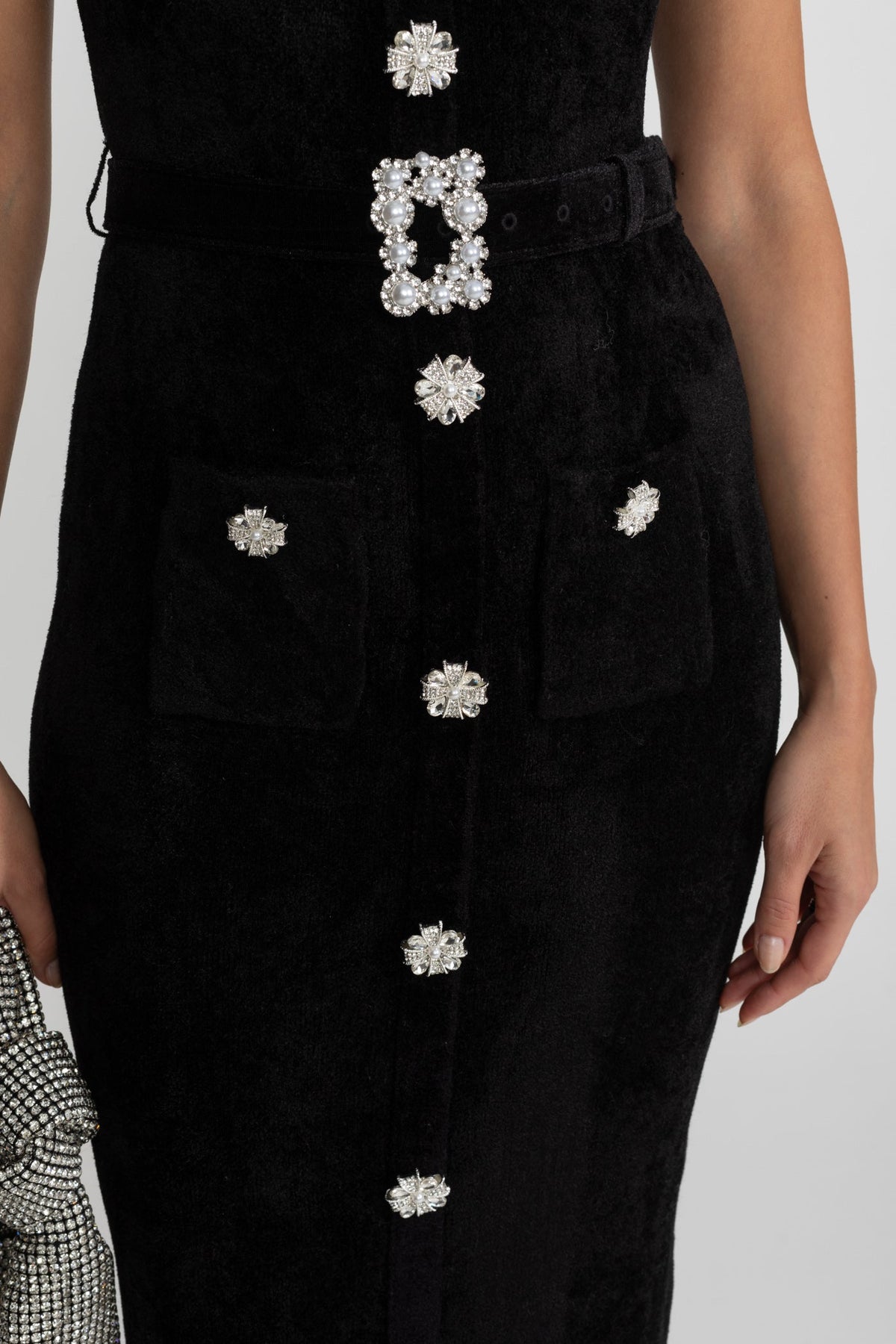Short Sleeve Belted Jewel Button Front Lace Trim Knit Midi Dress 6