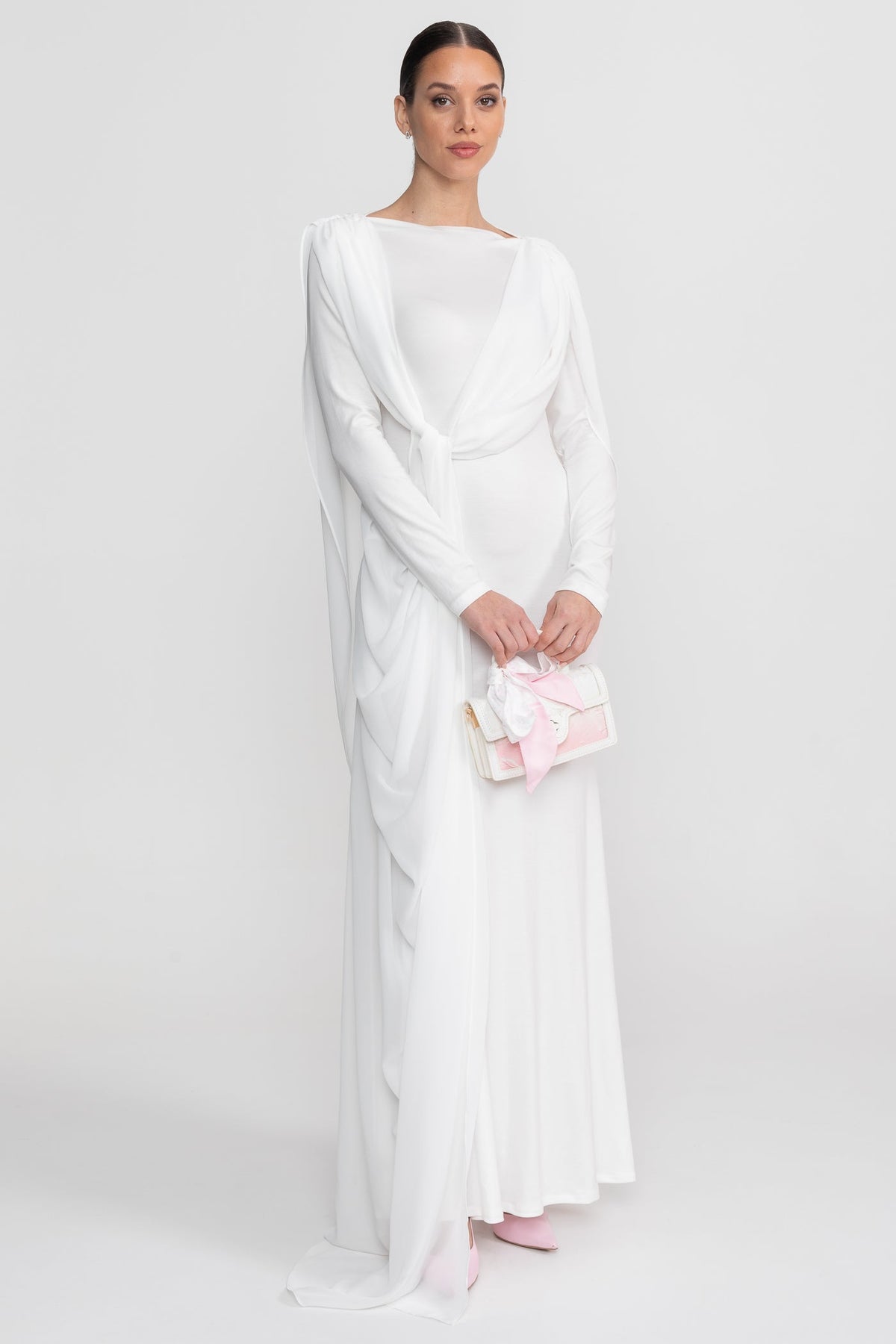 Boat Neck Long Sleeve Draped Knot Front Sash Maxi Dress 5