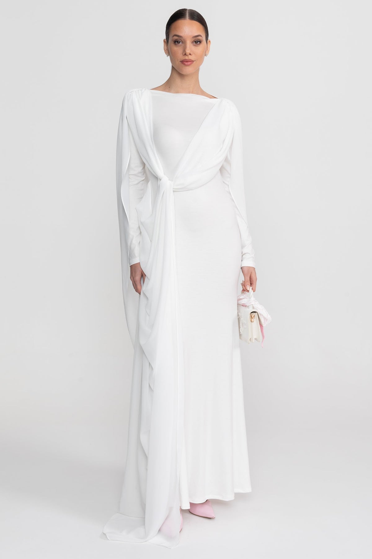 Boat Neck Long Sleeve Draped Knot Front Sash Maxi Dress 7