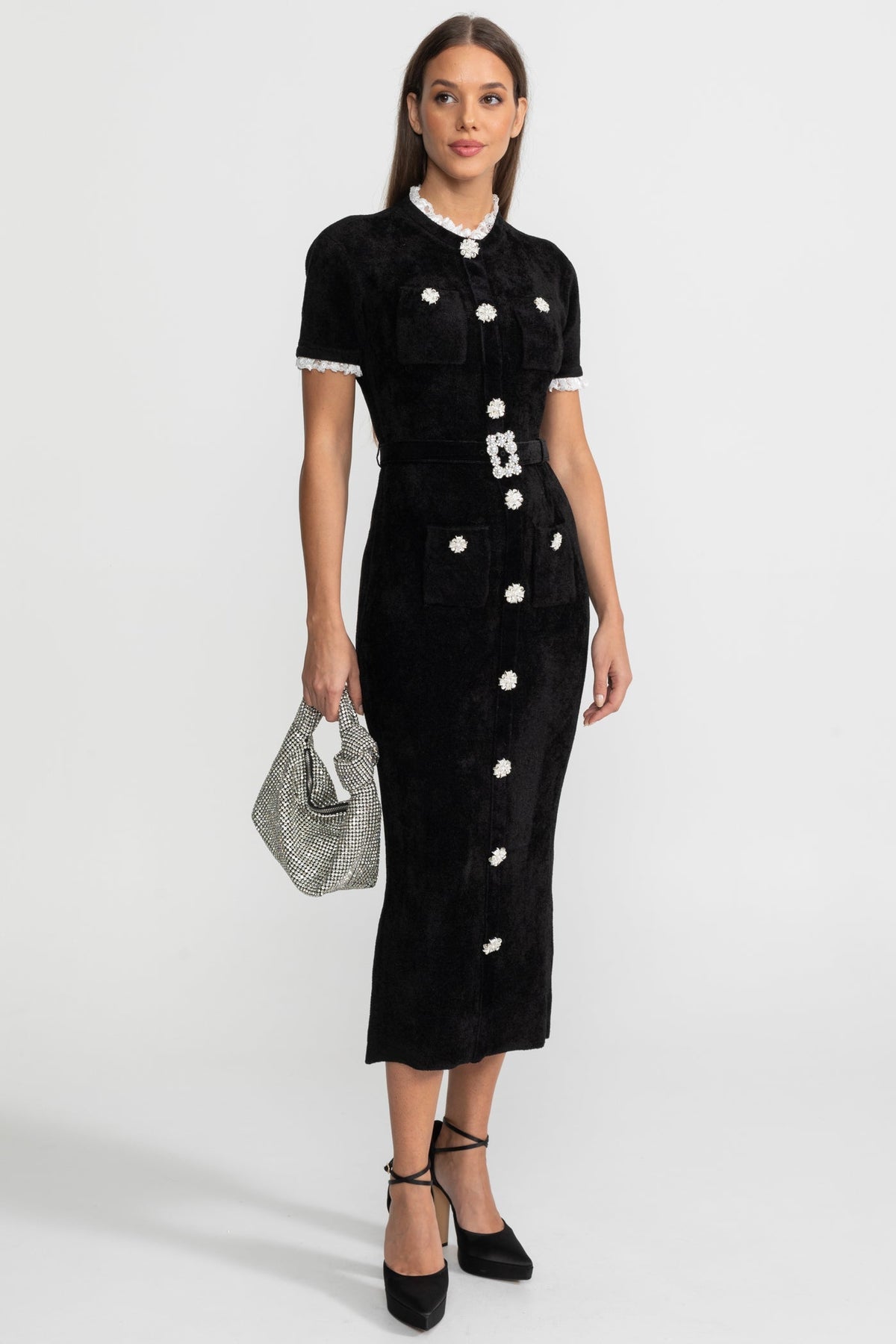 Short Sleeve Belted Jewel Button Front Lace Trim Knit Midi Dress 2