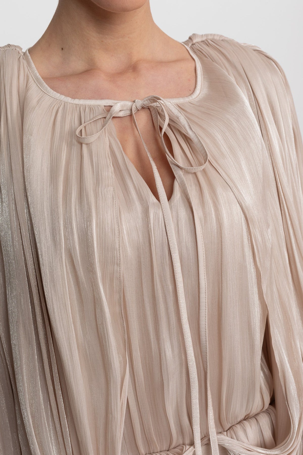 Pleated Tie Neck Batwing Long Sleeve Ruched Mini Dress 5