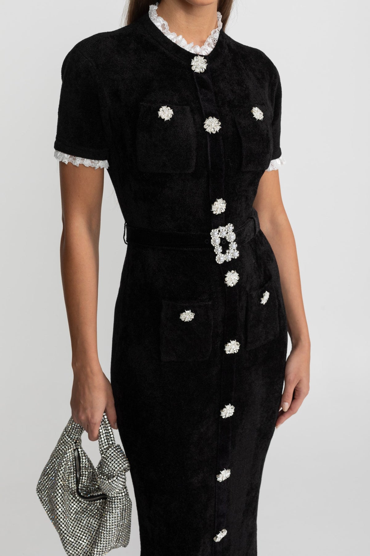 Short Sleeve Belted Jewel Button Front Lace Trim Knit Midi Dress 7