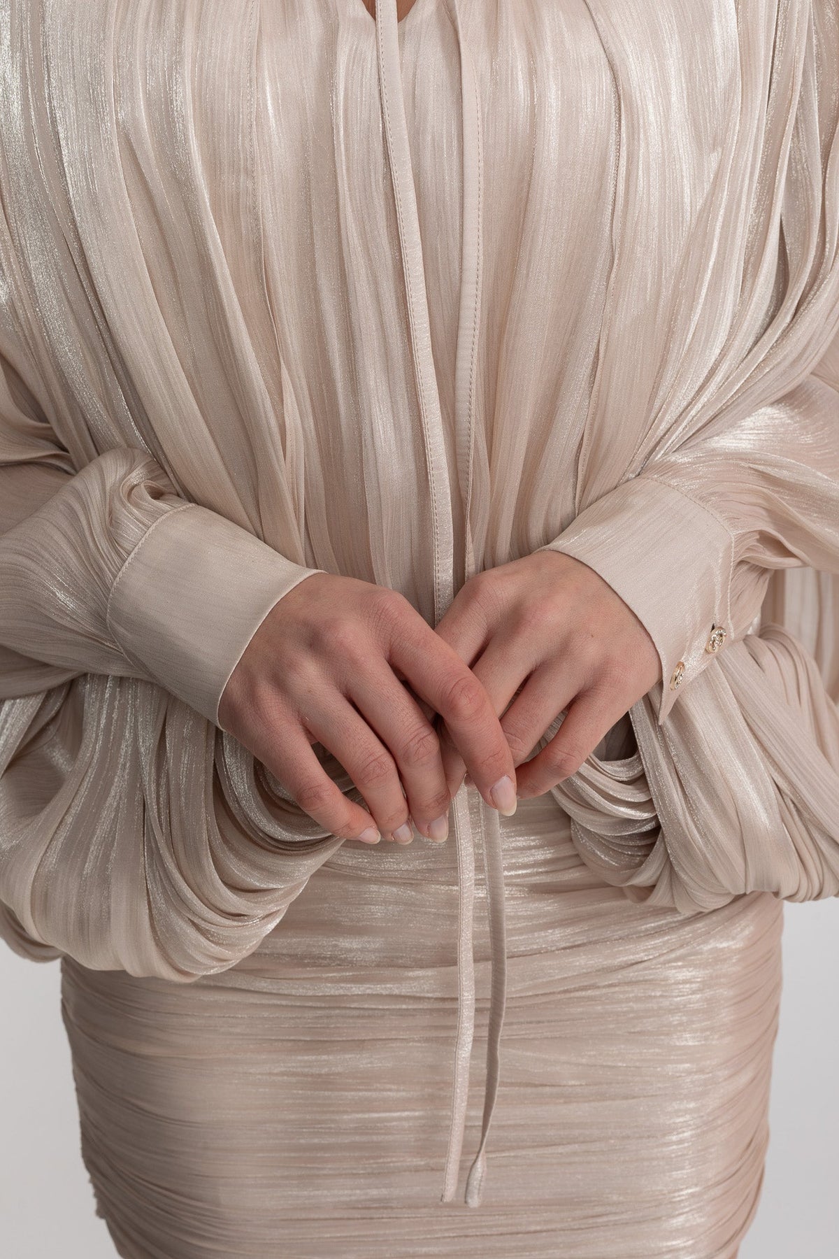 Pleated Tie Neck Batwing Long Sleeve Ruched Mini Dress 7