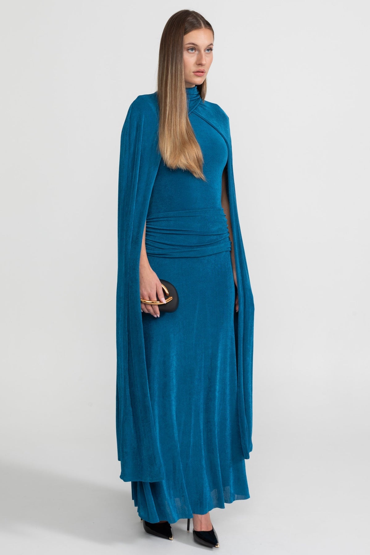 High Neck Attached Cape Ruched Waist Column Floor Length Gown - View 3