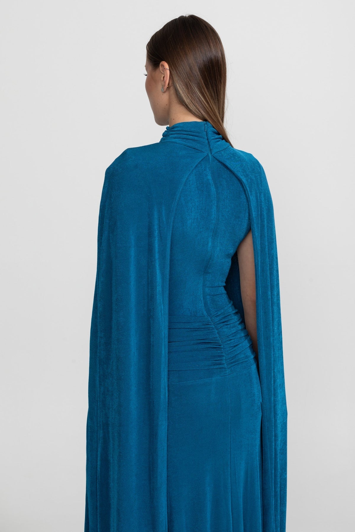 High Neck Attached Cape Ruched Waist Column Floor Length Gown - View 5