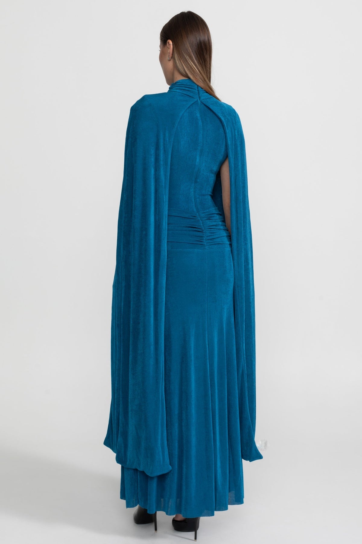 High Neck Attached Cape Ruched Waist Column Floor Length Gown - View 6