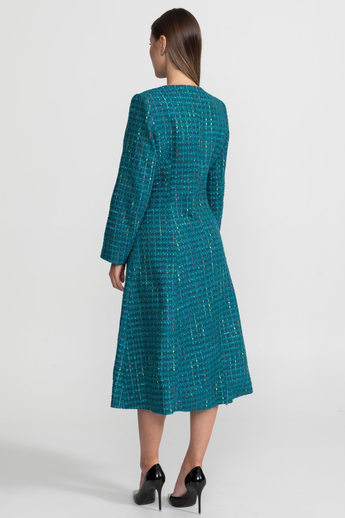Embellished Tweed Collarless Long Sleeve Chain A-Line Midi Dress - View 7