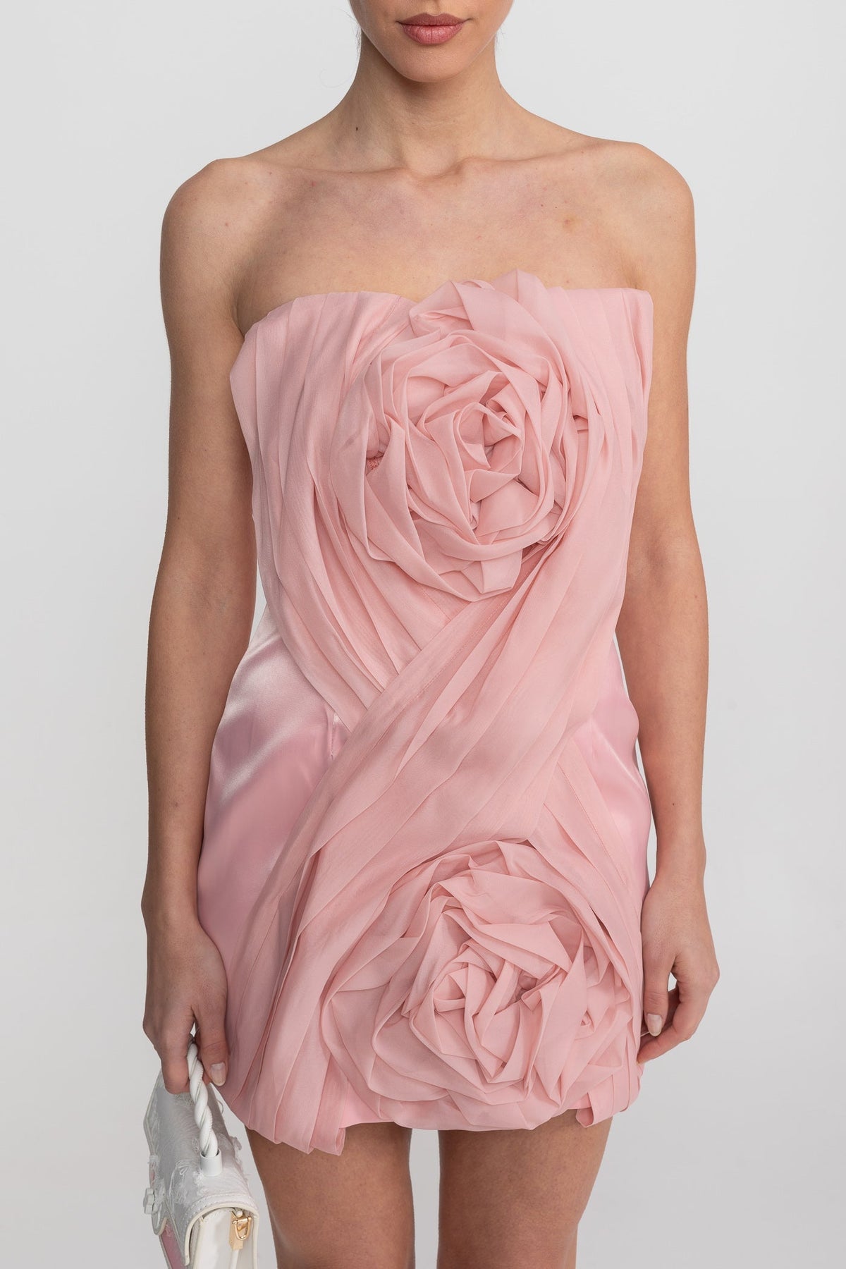 Strapless Pleated Rosette Applique Satin Mini Dress 4