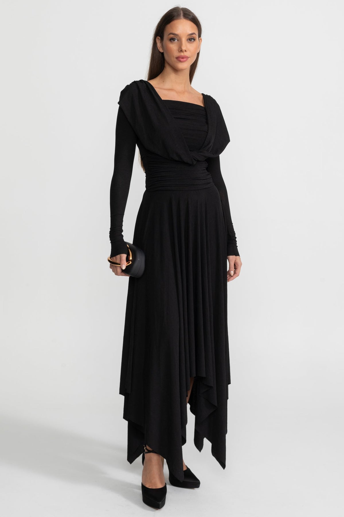 Draped Square Neck Long Sleeve Ruched Waist Handkerchief Hem Midi Dress 2