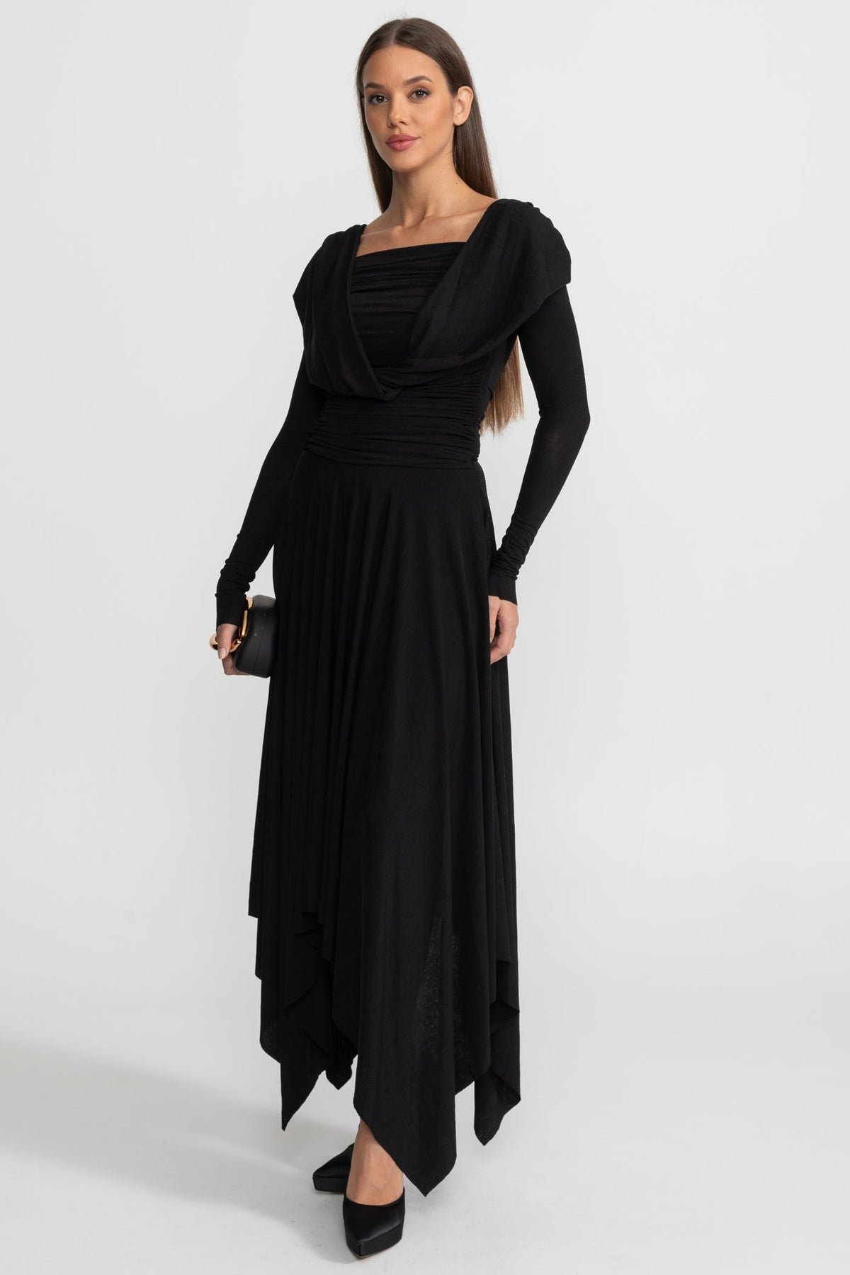 Draped Square Neck Long Sleeve Ruched Waist Handkerchief Hem Midi Dress 4
