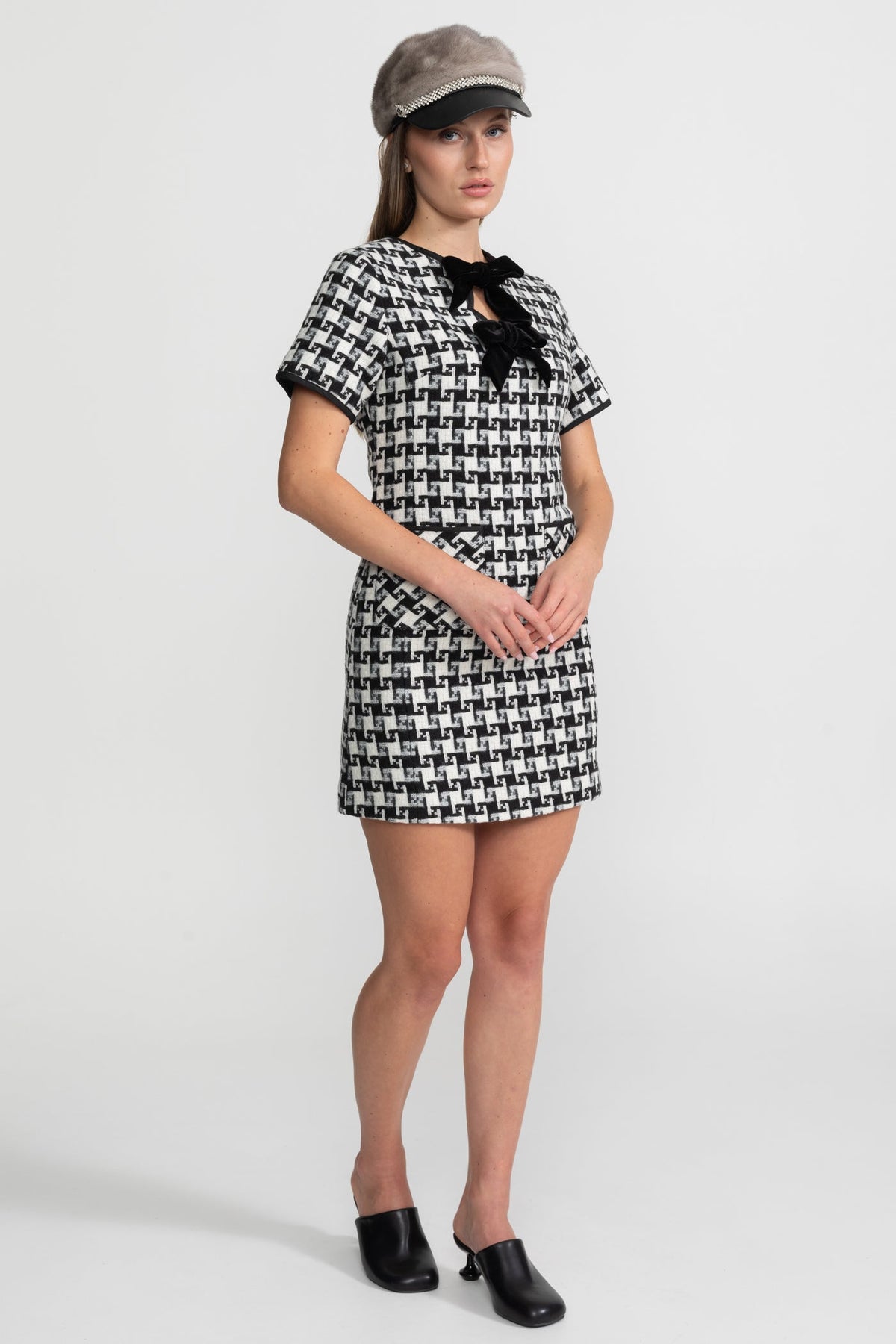 Houndstooth Tweed Short Sleeve Velvet Bow Keyhole Mini Dress 4