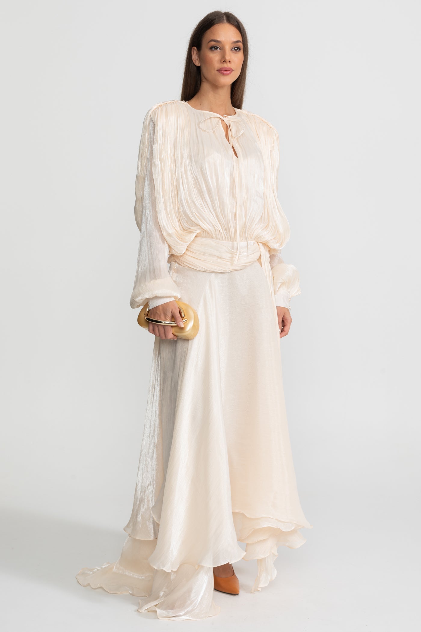 Maxi Dress with Pleated Bodice and Draped Skirt - Ivoire