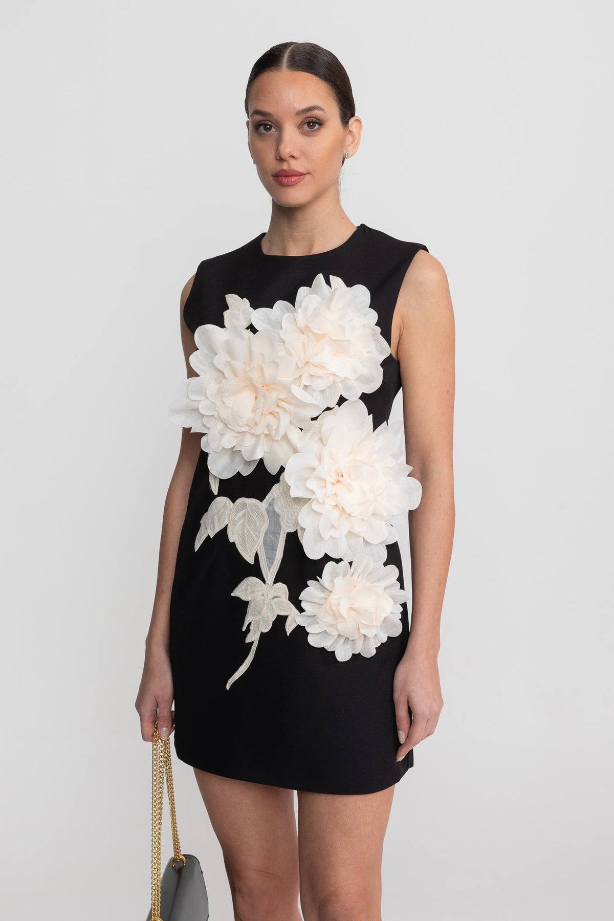 Sleeveless Crew Neck 3D Floral Applique Shift Mini Dress 8