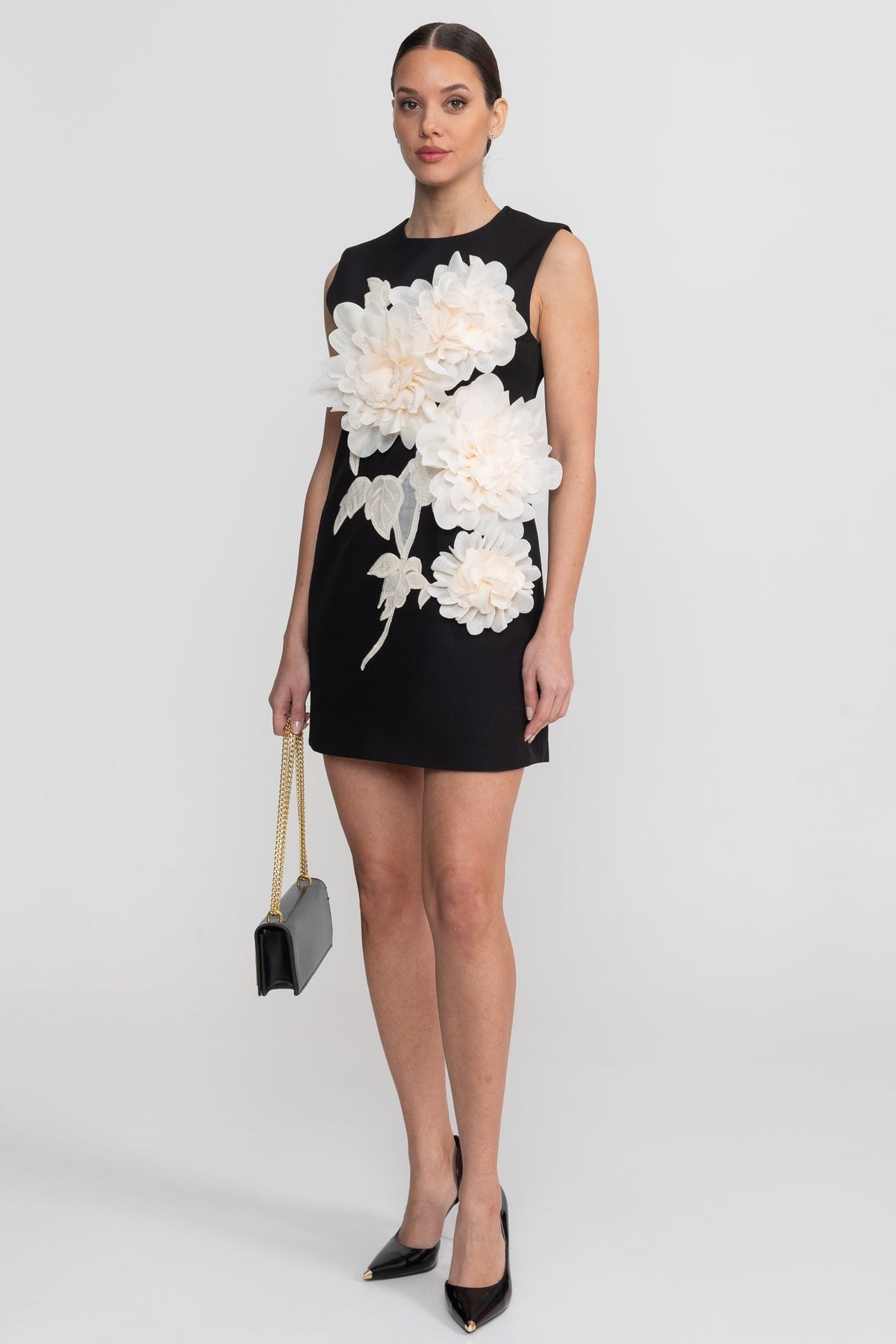 Sleeveless Crew Neck 3D Floral Applique Shift Mini Dress 9
