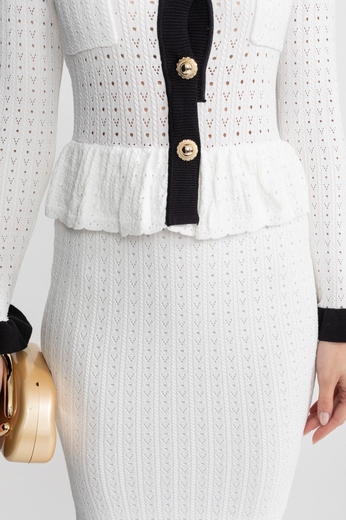 Pointelle Knit Contrast Trim Peplum Cardigan and Fluted Hem Midi Skirt Two Piece Set 3