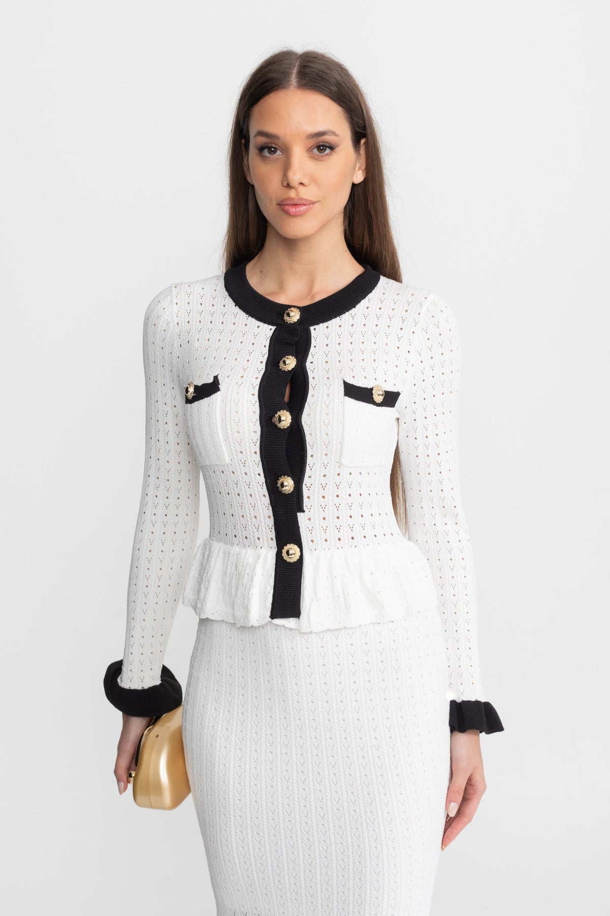 Pointelle Knit Contrast Trim Peplum Cardigan and Fluted Hem Midi Skirt Two Piece Set 6