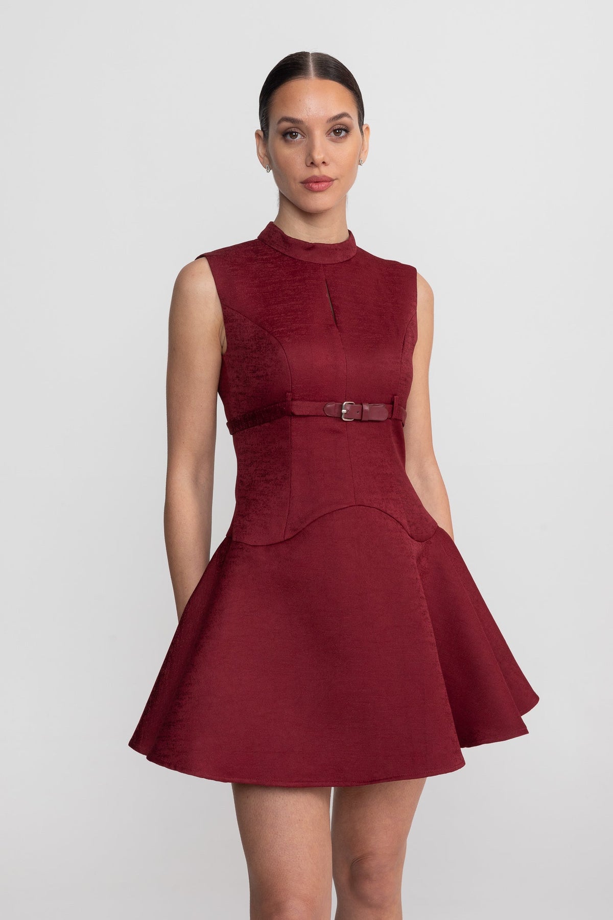 Structured Sleeveless Mock Neck Keyhole Belted A-Line Mini Dress - View 3